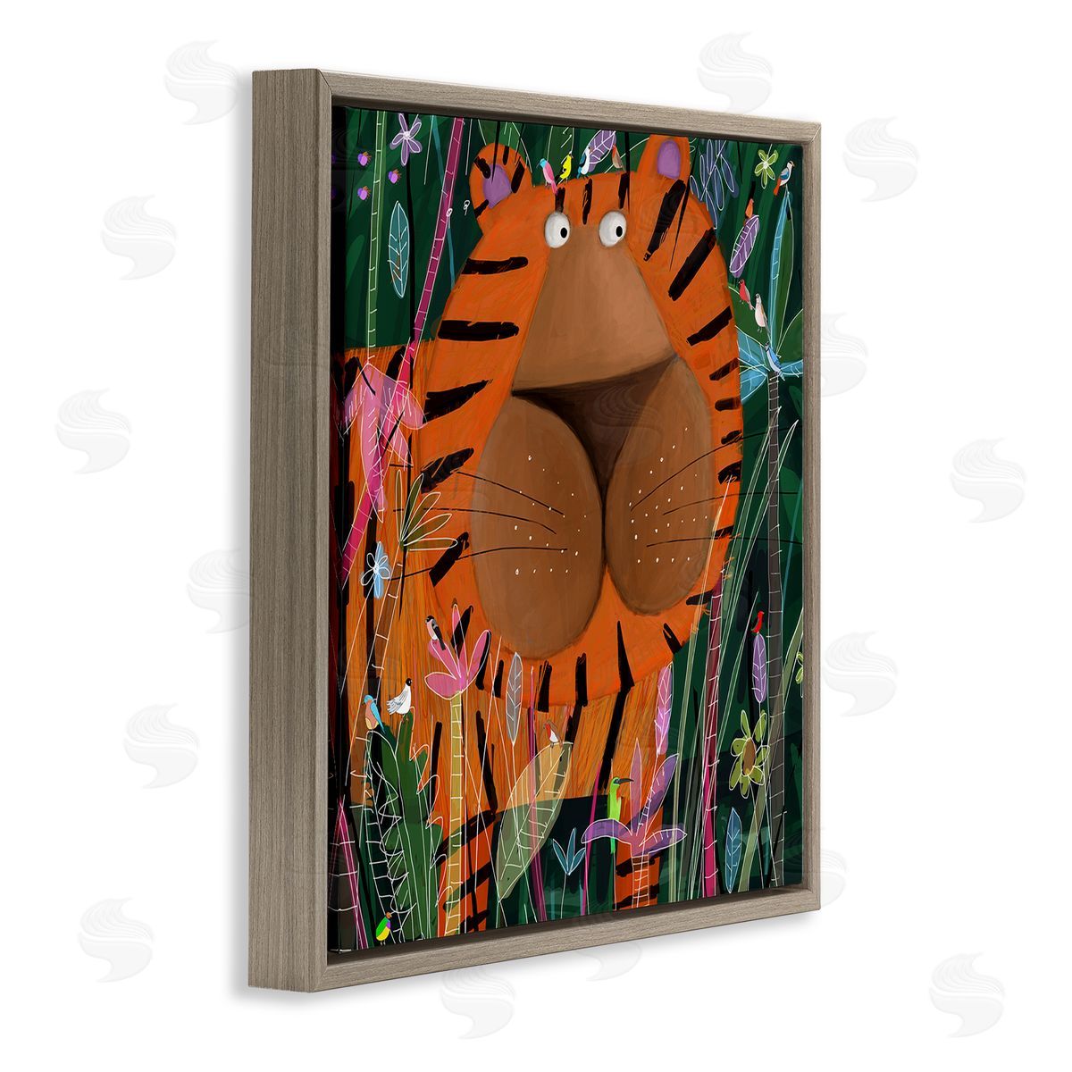 Carla Daly Children's Striped Tiger in Tropical Jungle Brush Brown Floating Frame Canvas Wall Art Print