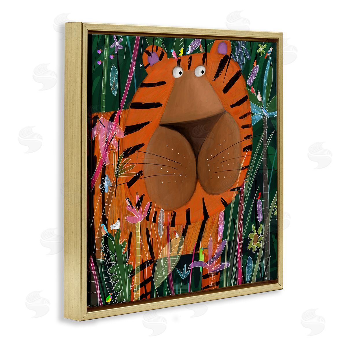 Carla Daly Children's Striped Tiger in Tropical Jungle Brush Gold Floating Frame Canvas Wall Art Print