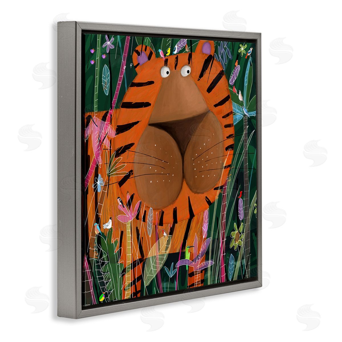 Carla Daly Children's Striped Tiger in Tropical Jungle Brush Gray Floating Frame Canvas Wall Art Print