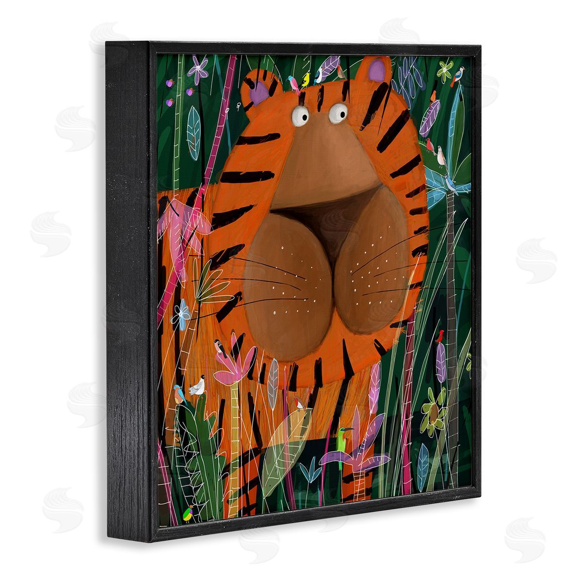 Carla Daly Children's Striped Tiger in Tropical Jungle Brush Black Framed Glicee Wall Art Print