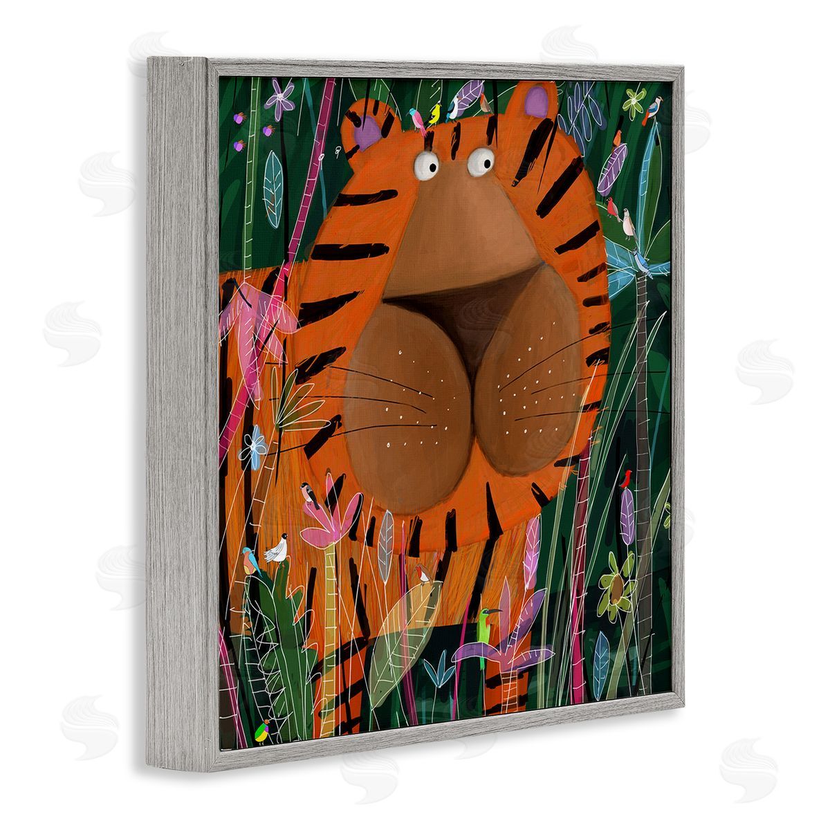 Carla Daly Children's Striped Tiger in Tropical Jungle Brush Gray Framed Glicee Wall Art Print