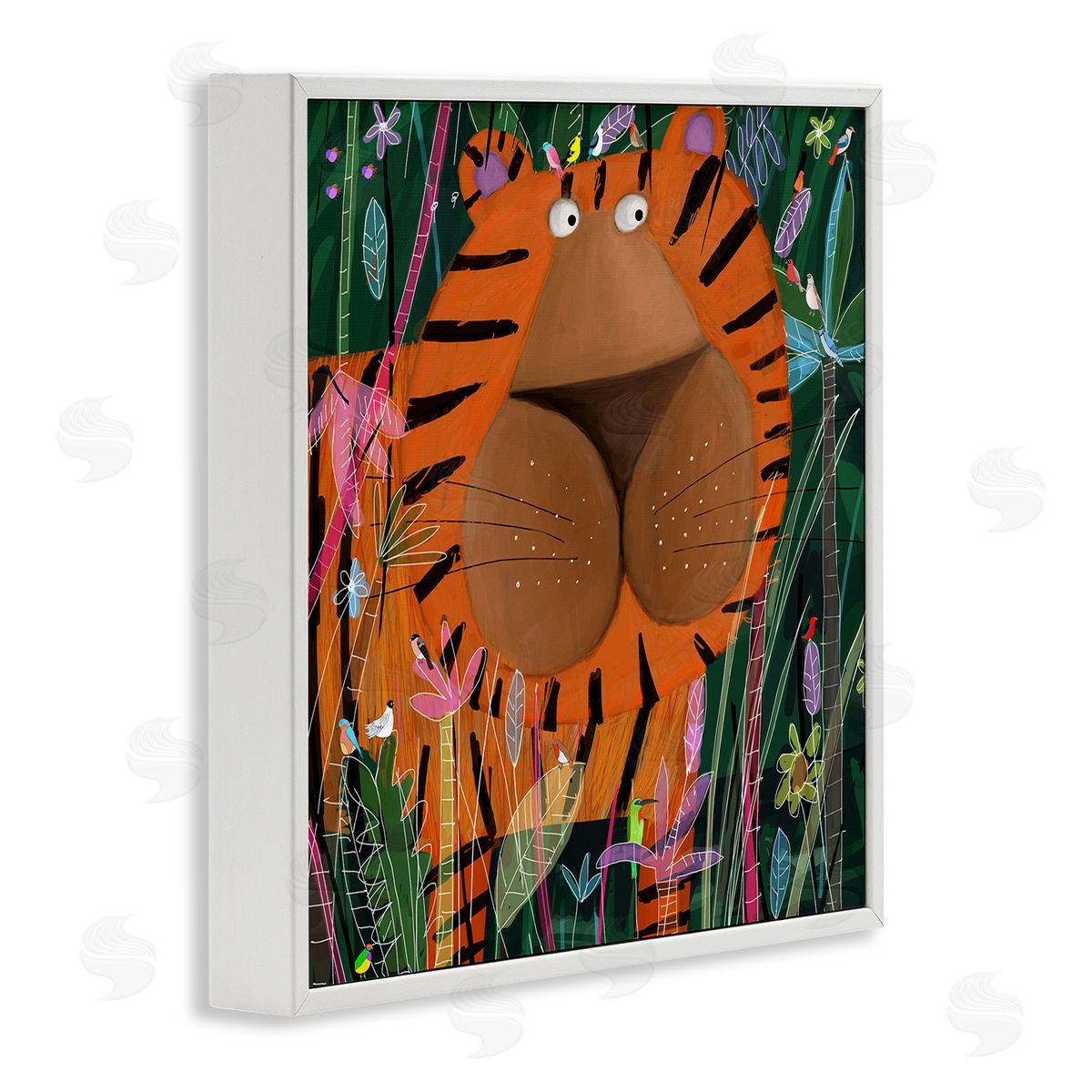 Carla Daly Children's Striped Tiger in Tropical Jungle Brush White Framed Glicee Wall Art Print