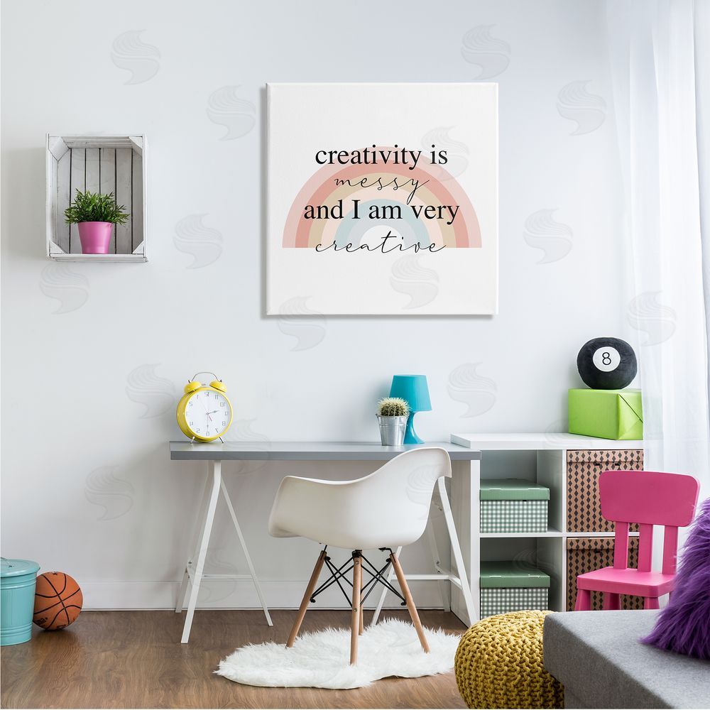 Stupell Studio Creativity is Messy Funny Phrase Boho Tone Rainbow Canvas Wall Art in Room