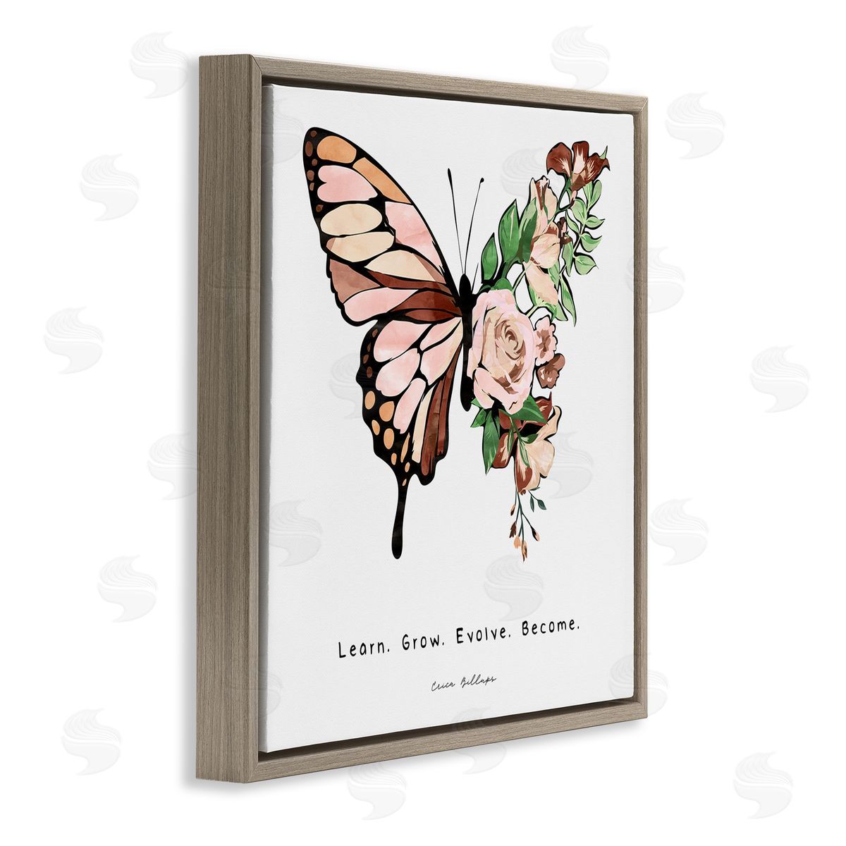 Erica Billups Learn Grow Evolve Become Motivational Children's Diversity Butterfly Brown Floating Frame Canvas Wall Art Print