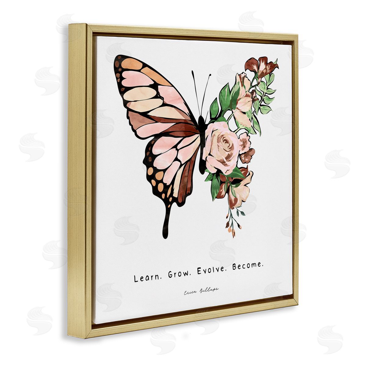 Erica Billups Learn Grow Evolve Become Motivational Children's Diversity Butterfly Gold Floating Frame Canvas Wall Art Print