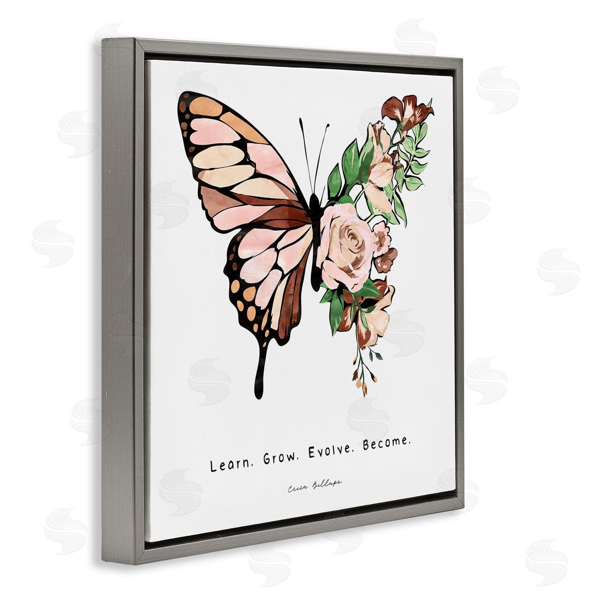 Erica Billups Learn Grow Evolve Become Motivational Children's Diversity Butterfly Gray Floating Frame Canvas Wall Art Print