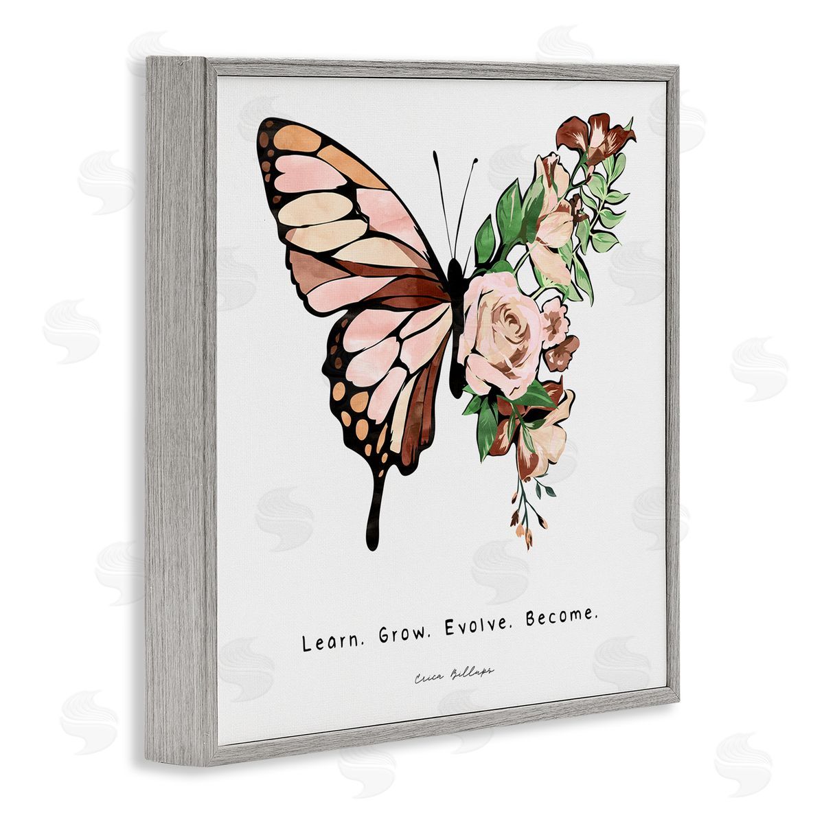Erica Billups Learn Grow Evolve Become Motivational Children's Diversity Butterfly Gray Framed Glicee Wall Art Print