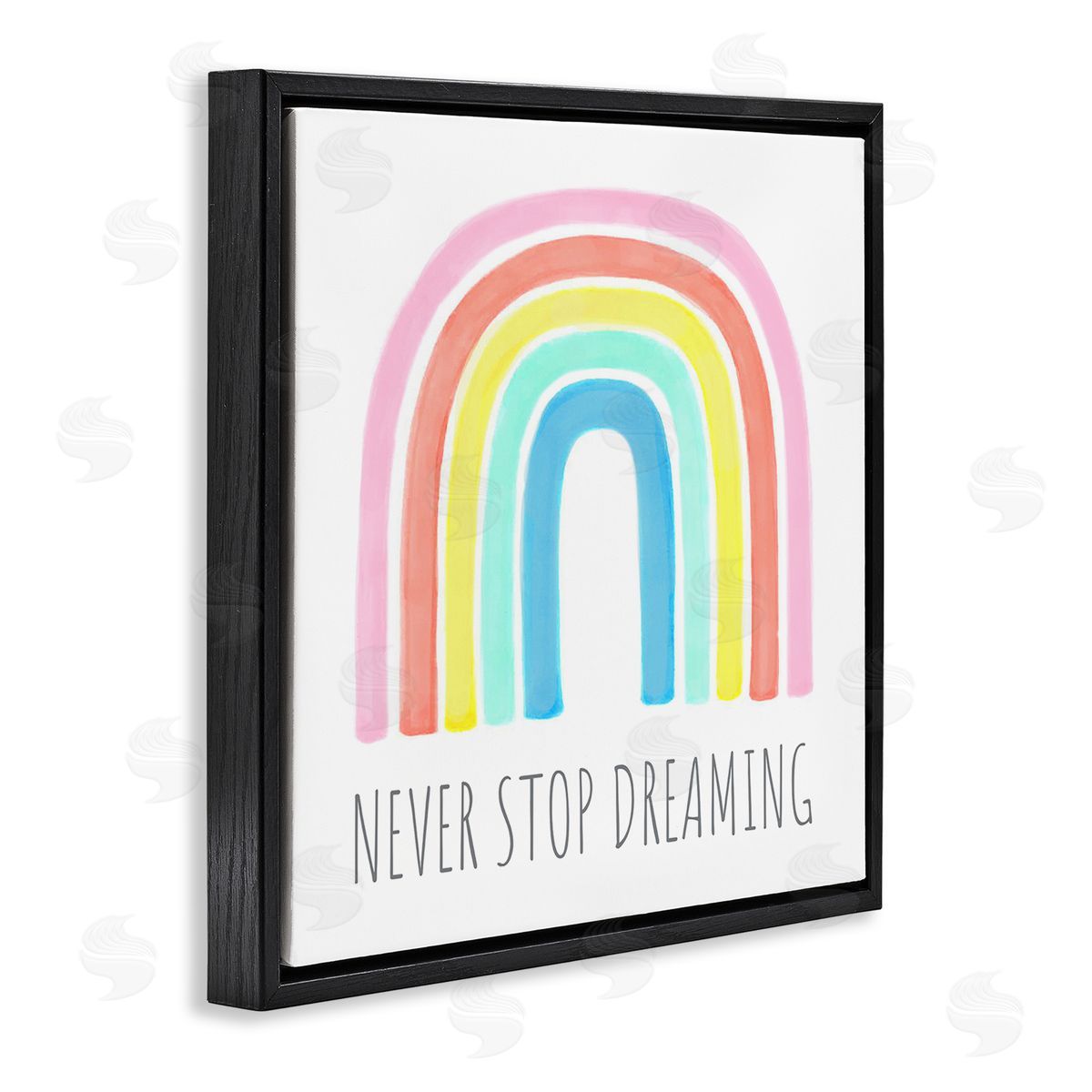 Reesa Qualia Never Stop Dreaming Children's Phrase Vibrant Pastel Rainbow Black Floating Frame Canvas Wall Art Print