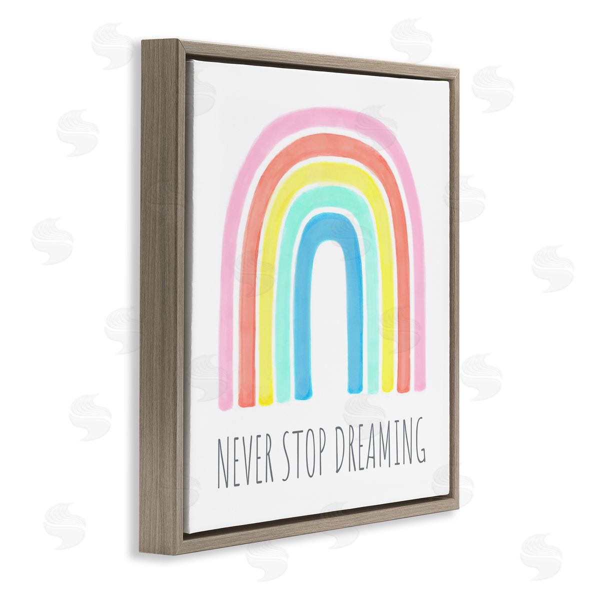 Reesa Qualia Never Stop Dreaming Children's Phrase Vibrant Pastel Rainbow Brown Floating Frame Canvas Wall Art Print