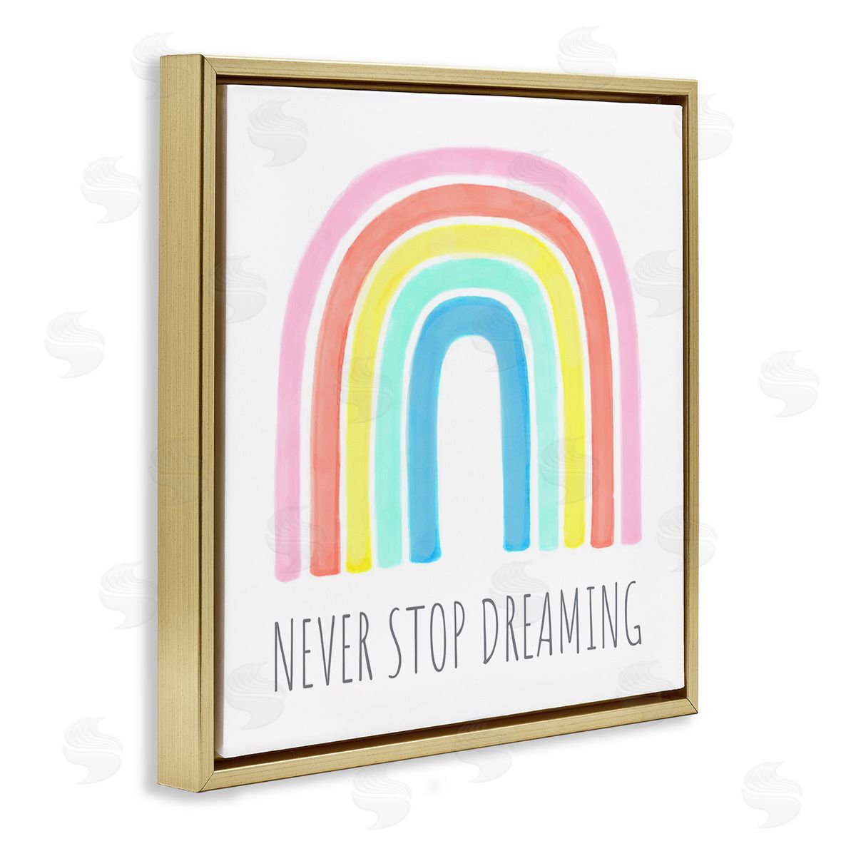 Reesa Qualia Never Stop Dreaming Children's Phrase Vibrant Pastel Rainbow Gold Floating Frame Canvas Wall Art Print