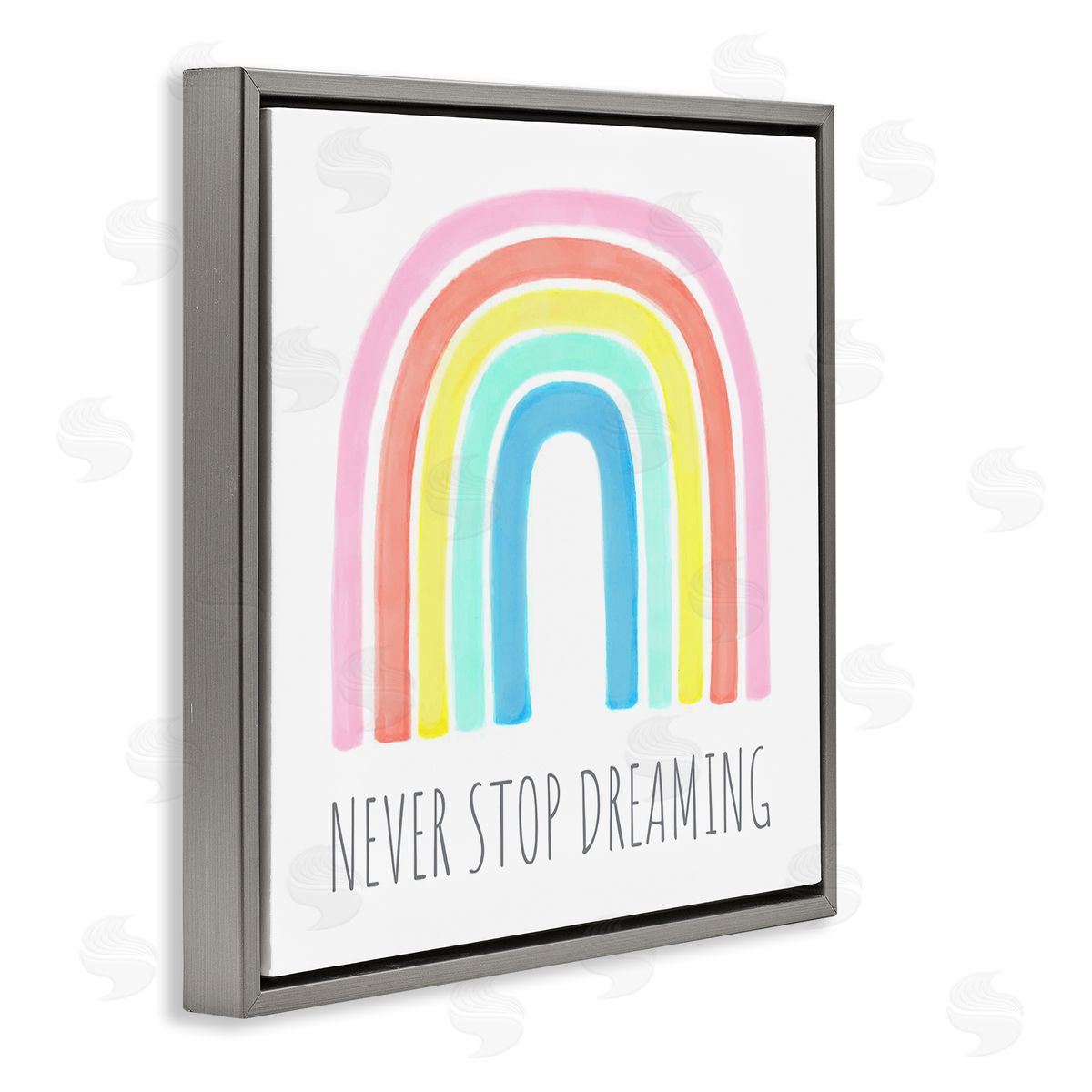 Reesa Qualia Never Stop Dreaming Children's Phrase Vibrant Pastel Rainbow Gray Floating Frame Canvas Wall Art Print