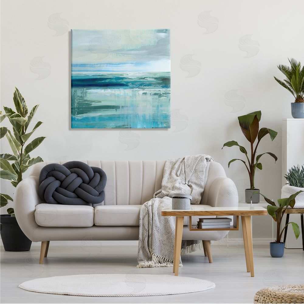 Nan Abstract Ocean Horizon Modern Nautical Painting Blue Green Canvas Wall Art in Room