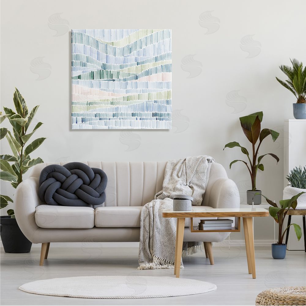 Grace Popp Abstract Layered Waves Striped Blue Green Beige Pattern Canvas Wall Art in Room