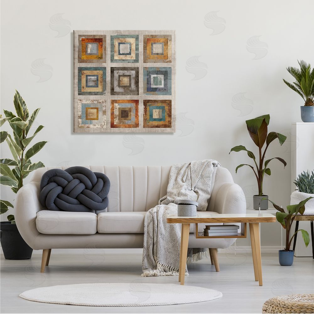 Cam Richards Layered Square Collage Industrial Rust Tones Abstract Shapes Canvas Wall Art in Room