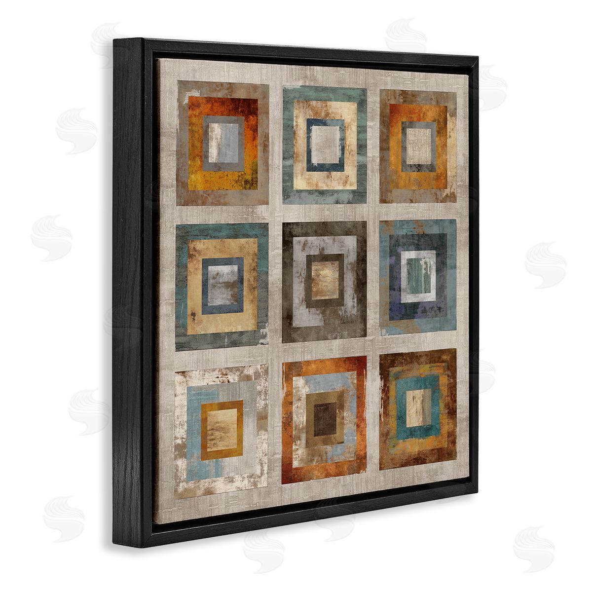 Cam Richards Layered Square Collage Industrial Rust Tones Abstract Shapes Black Floating Frame Canvas Wall Art Print