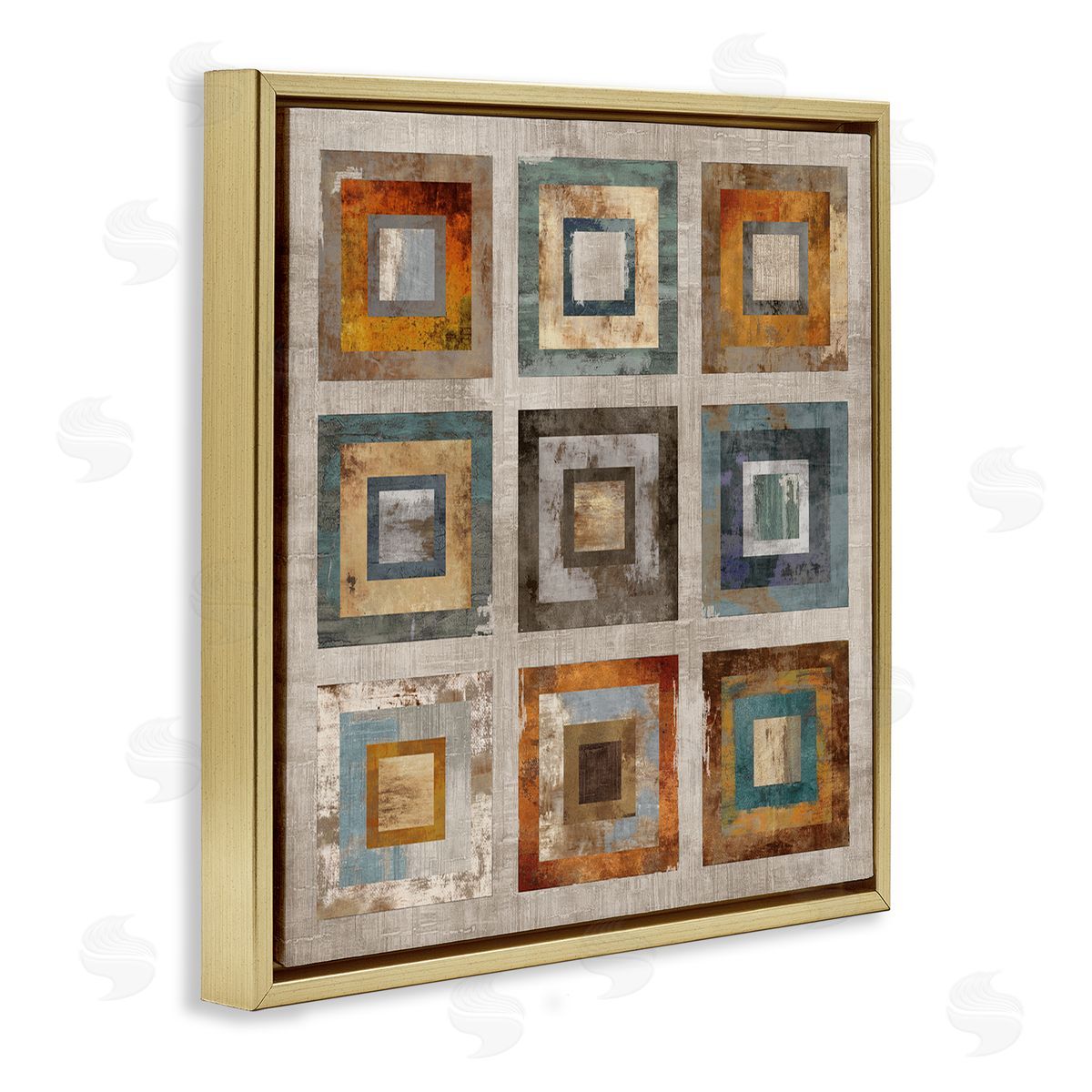 Cam Richards Layered Square Collage Industrial Rust Tones Abstract Shapes Gold Floating Frame Canvas Wall Art Print