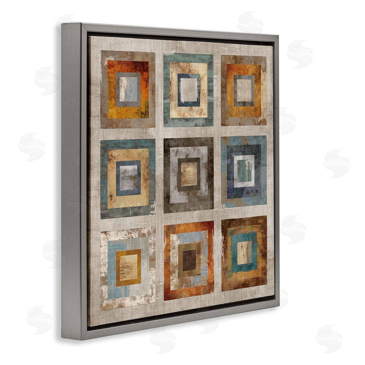 Cam Richards Layered Square Collage Industrial Rust Tones Abstract Shapes Gray Floating Frame Canvas Wall Art Print