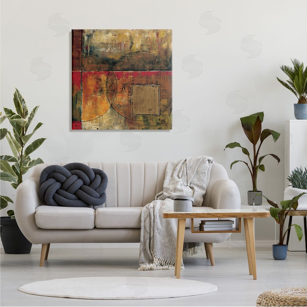 Mike Klung Abstract Shapes and Lines Composition Red Brown Painting Canvas Wall Art in Room