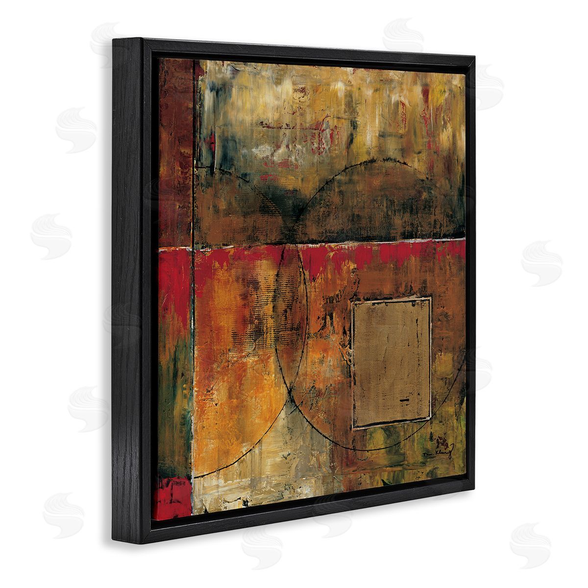 Mike Klung Abstract Shapes and Lines Composition Red Brown Painting Black Floating Frame Canvas Wall Art Print