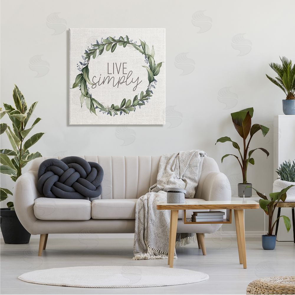 Kim Allen Live Simply Phrase Green Botanical Leaf Wreath Canvas Wall Art in Room