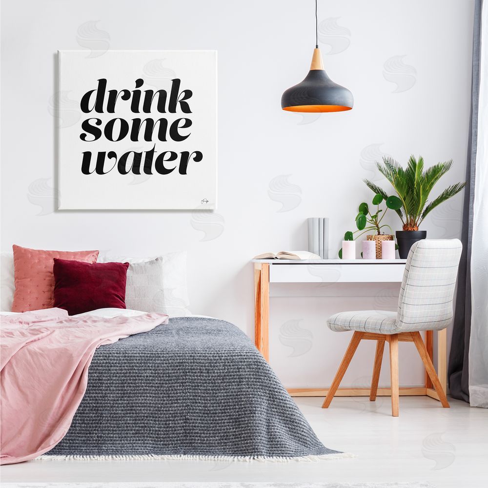 Yass Naffas Designs Drink Some Water Motivational Phrase Minimal Bold Typography Canvas Wall Art in Room
