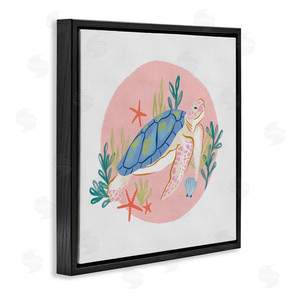 Deborah Curiel Gracious Turtle Ocean Seaweed Shell Starfish Marine Reptile Black Floating Frame Canvas Wall Art Print