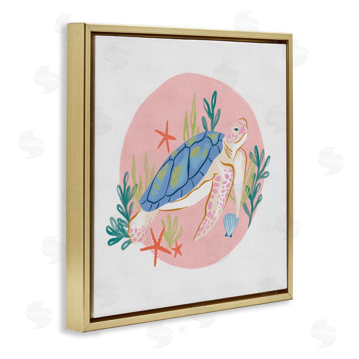 Deborah Curiel Gracious Turtle Ocean Seaweed Shell Starfish Marine Reptile Gold Floating Frame Canvas Wall Art Print