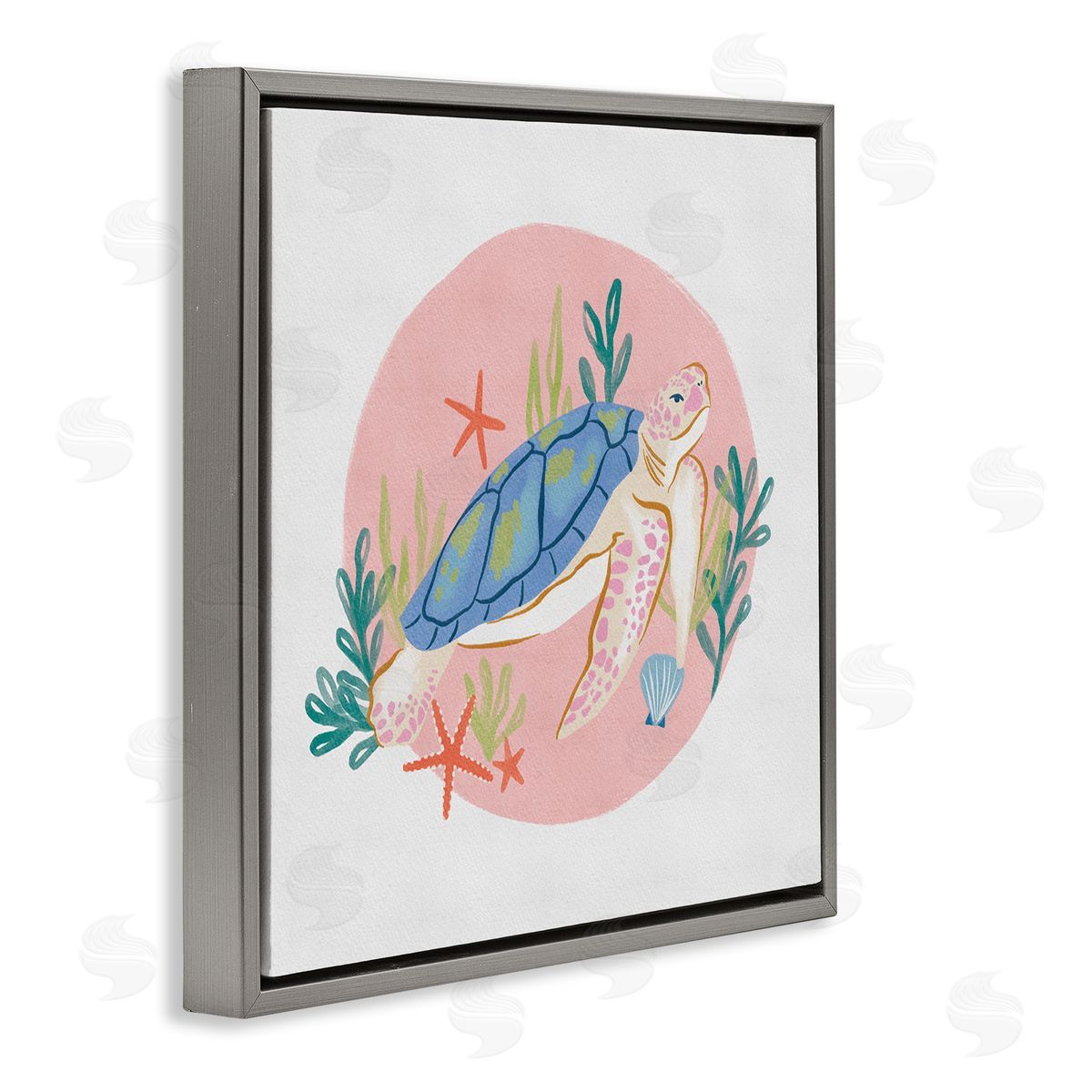 Deborah Curiel Gracious Turtle Ocean Seaweed Shell Starfish Marine Reptile Gray Floating Frame Canvas Wall Art Print