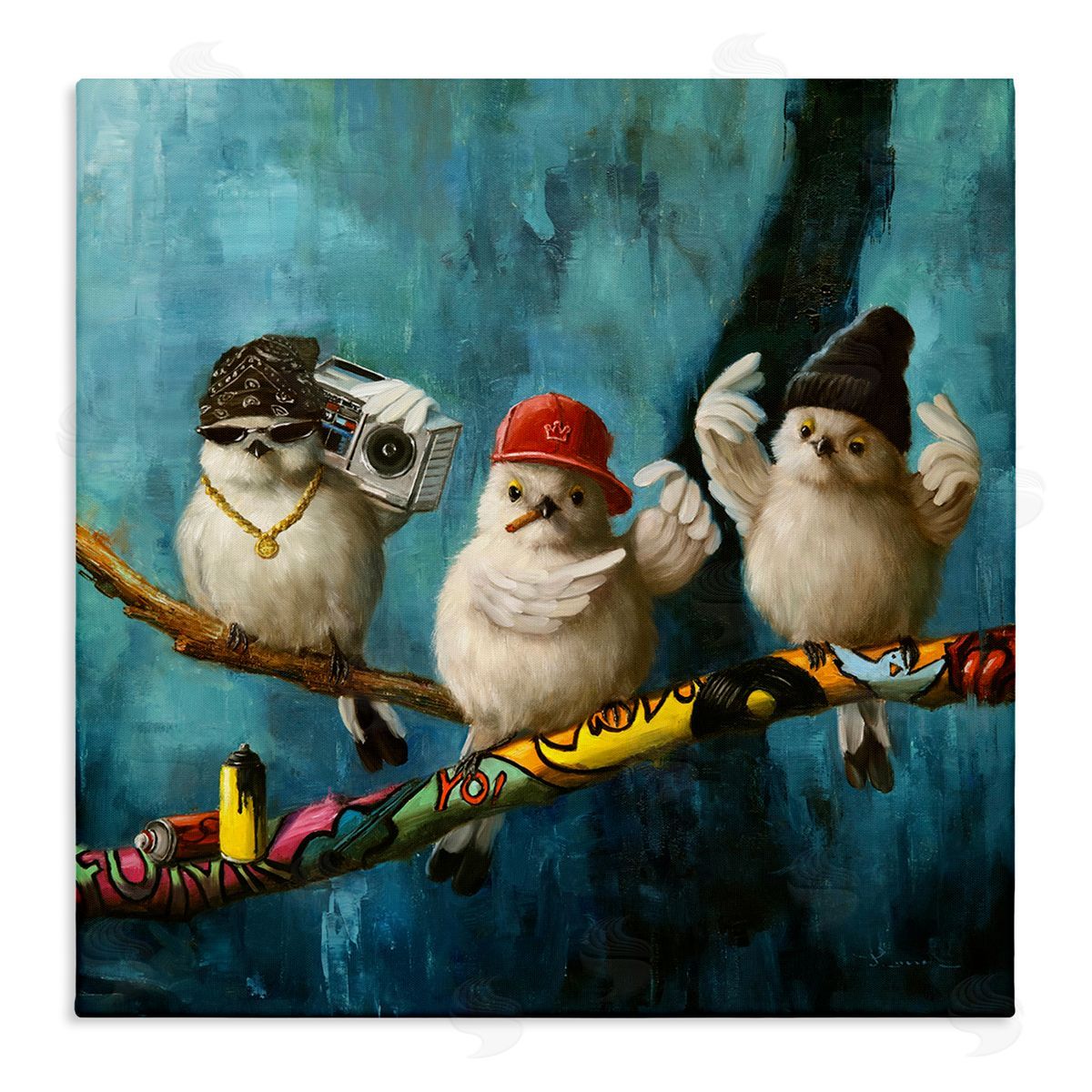 Lucia Heffernan Hip Hop Bird Trio Urban Graffiti Tree Boombox Stretched Canvas Wall Art Print