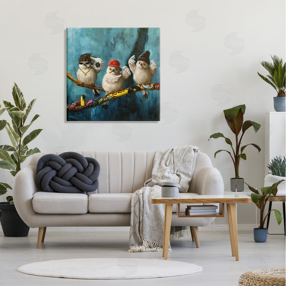 Lucia Heffernan Hip Hop Bird Trio Urban Graffiti Tree Boombox Canvas Wall Art in Room