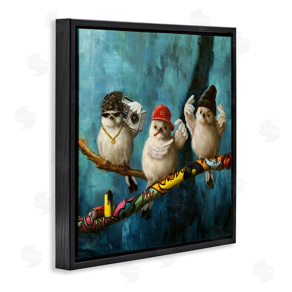 Lucia Heffernan Hip Hop Bird Trio Urban Graffiti Tree Boombox Black Floating Frame Canvas Wall Art Print