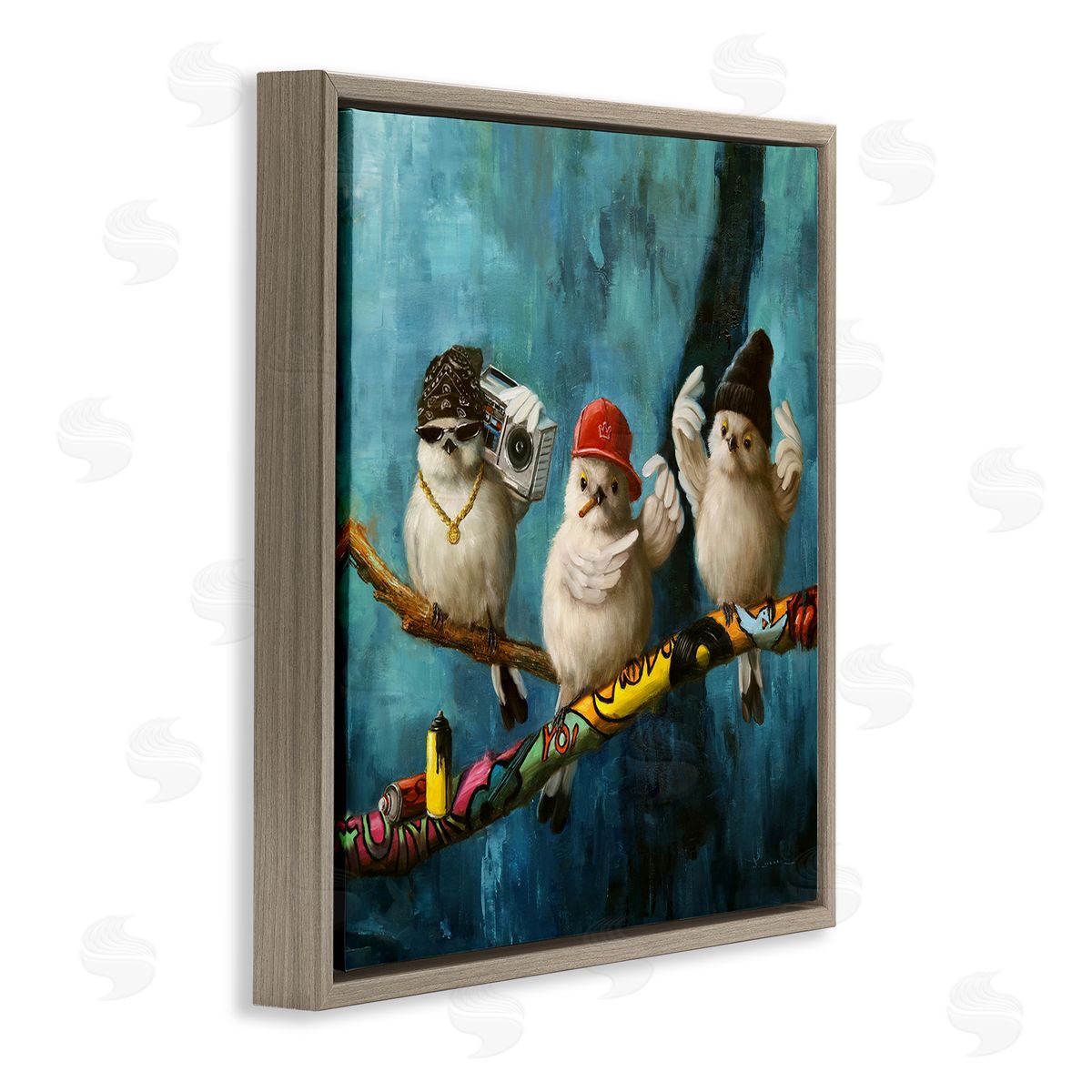 Lucia Heffernan Hip Hop Bird Trio Urban Graffiti Tree Boombox Brown Floating Frame Canvas Wall Art Print