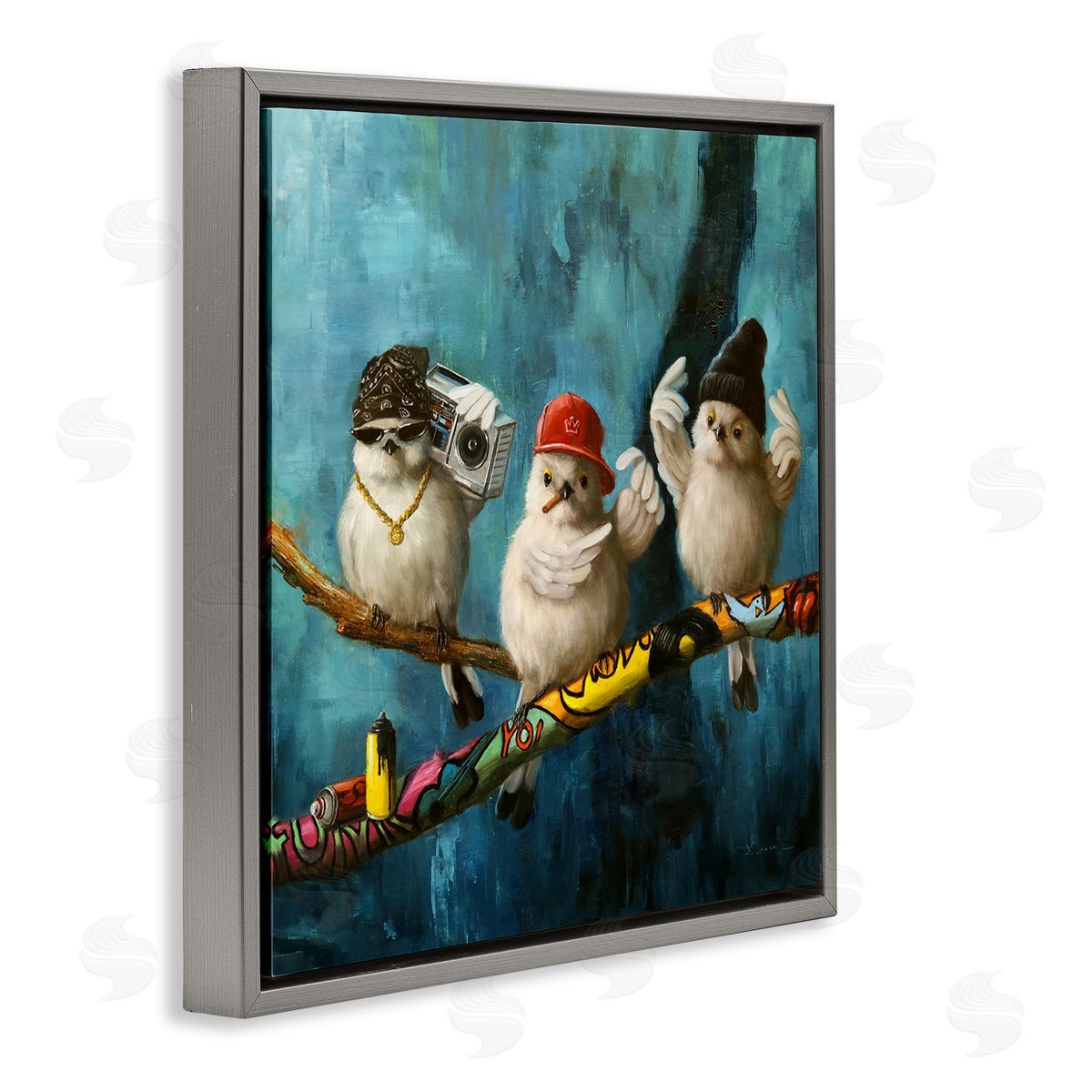 Lucia Heffernan Hip Hop Bird Trio Urban Graffiti Tree Boombox Gray Floating Frame Canvas Wall Art Print