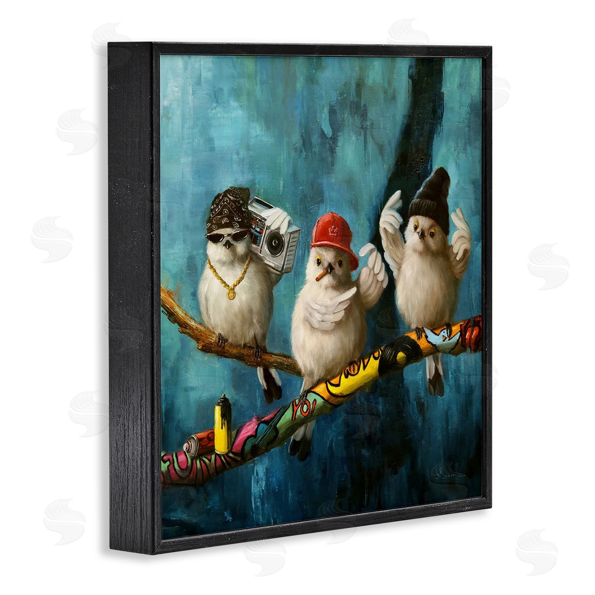 Lucia Heffernan Hip Hop Bird Trio Urban Graffiti Tree Boombox Black Framed Glicee Wall Art Print