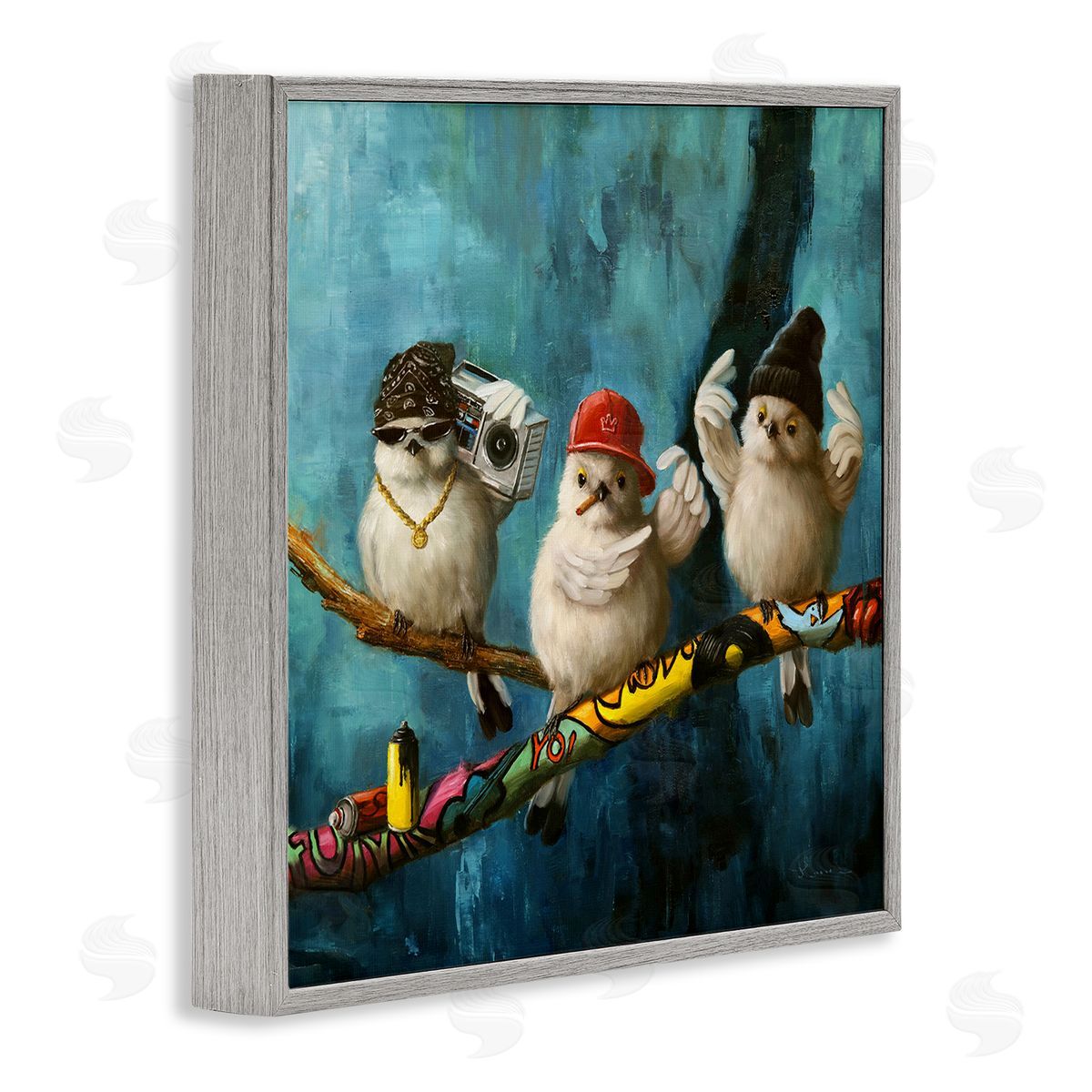 Lucia Heffernan Hip Hop Bird Trio Urban Graffiti Tree Boombox Gray Framed Glicee Wall Art Print