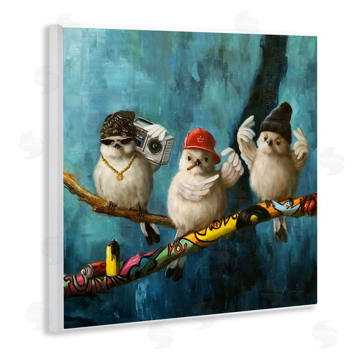 Lucia Heffernan Hip Hop Bird Trio Urban Graffiti Tree Boombox Wooden Wall Plaque Art Print