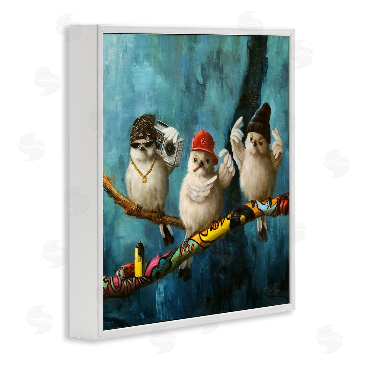 Lucia Heffernan Hip Hop Bird Trio Urban Graffiti Tree Boombox White Framed Glicee Wall Art Print