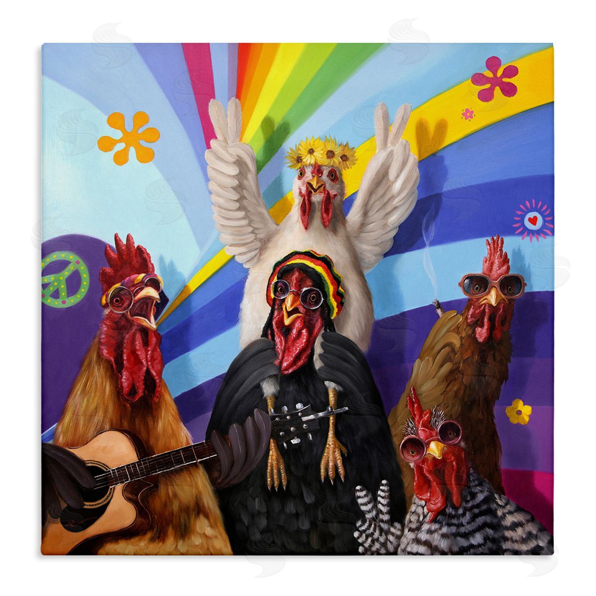 Lucia Heffernan Hippy Chicken Birds Singing Guitar Instrument Smoking Rainbows Stretched Canvas Wall Art Print