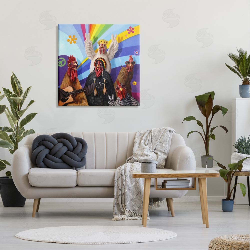 Lucia Heffernan Hippy Chicken Birds Singing Guitar Instrument Smoking Rainbows Canvas Wall Art in Room