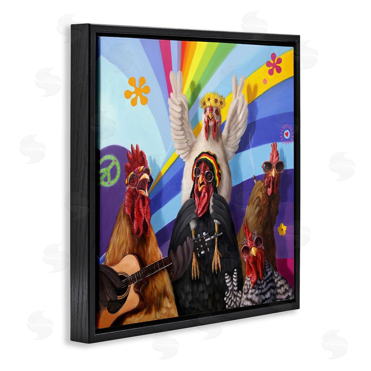 Lucia Heffernan Hippy Chicken Birds Singing Guitar Instrument Smoking Rainbows Black Floating Frame Canvas Wall Art Print