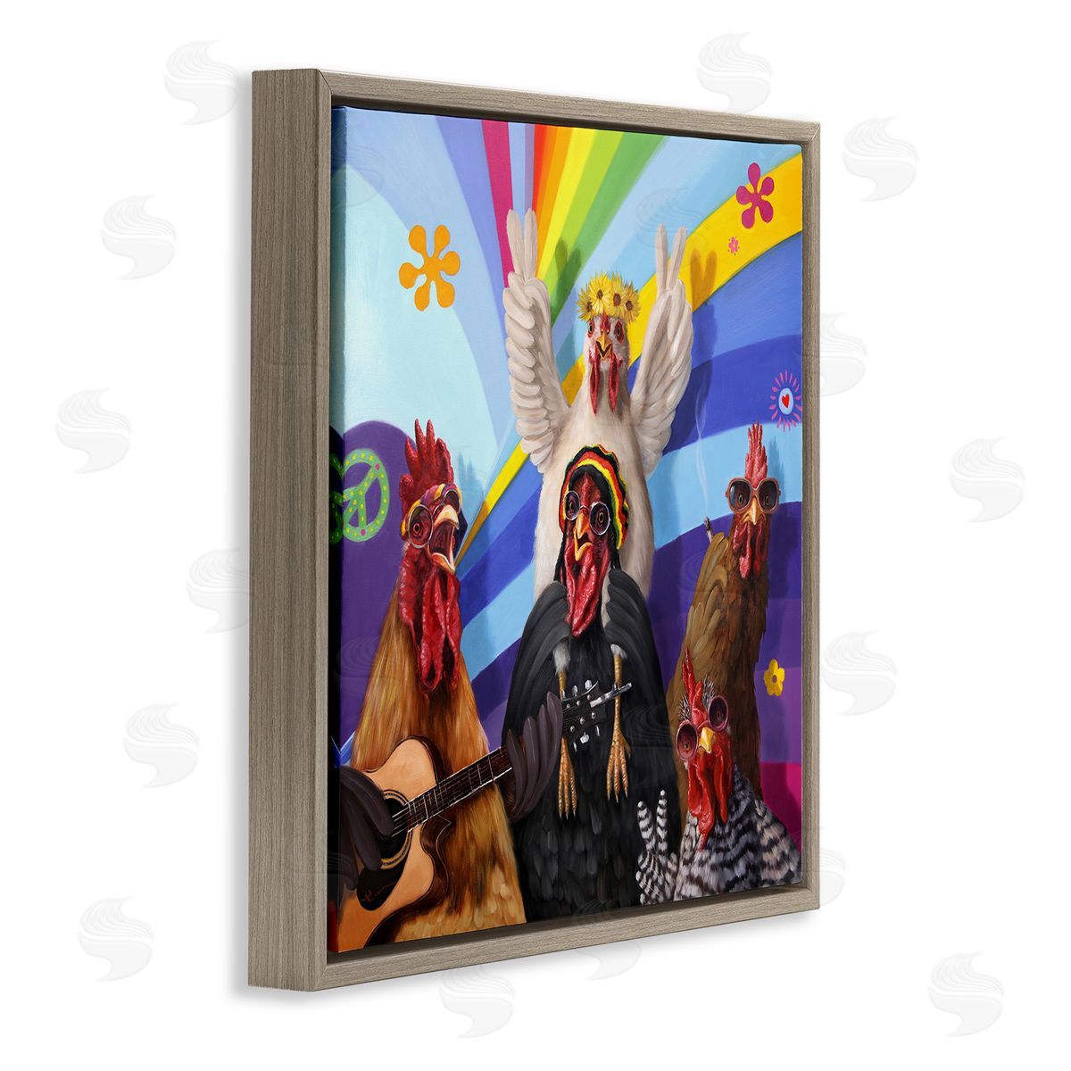 Lucia Heffernan Hippy Chicken Birds Singing Guitar Instrument Smoking Rainbows Brown Floating Frame Canvas Wall Art Print