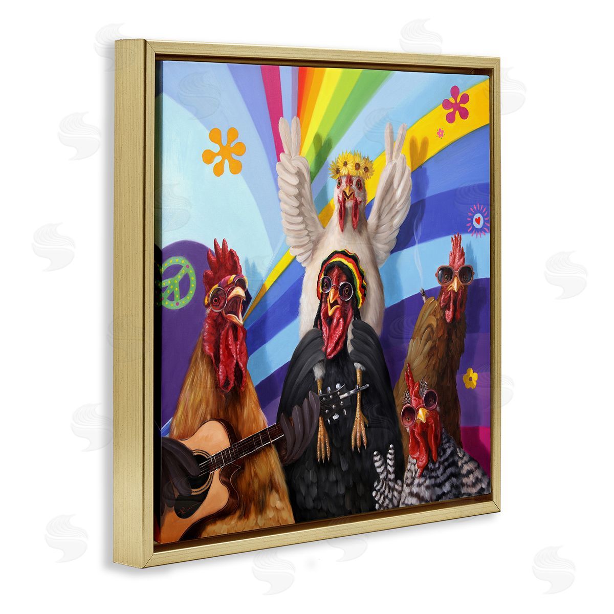 Lucia Heffernan Hippy Chicken Birds Singing Guitar Instrument Smoking Rainbows Gold Floating Frame Canvas Wall Art Print
