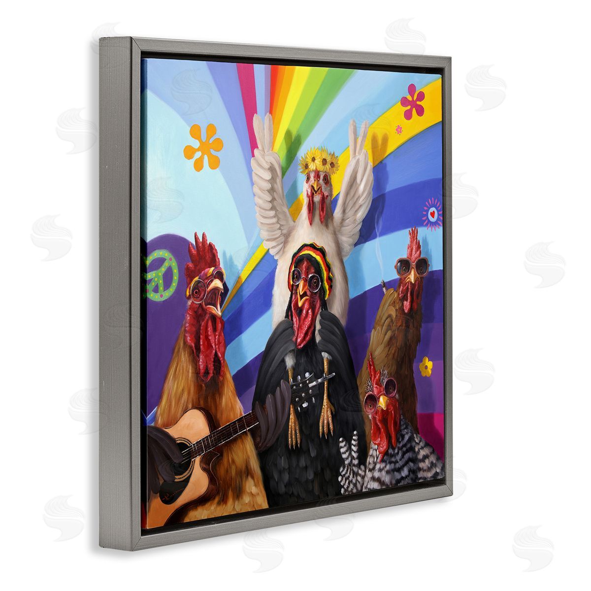 Lucia Heffernan Hippy Chicken Birds Singing Guitar Instrument Smoking Rainbows Gray Floating Frame Canvas Wall Art Print