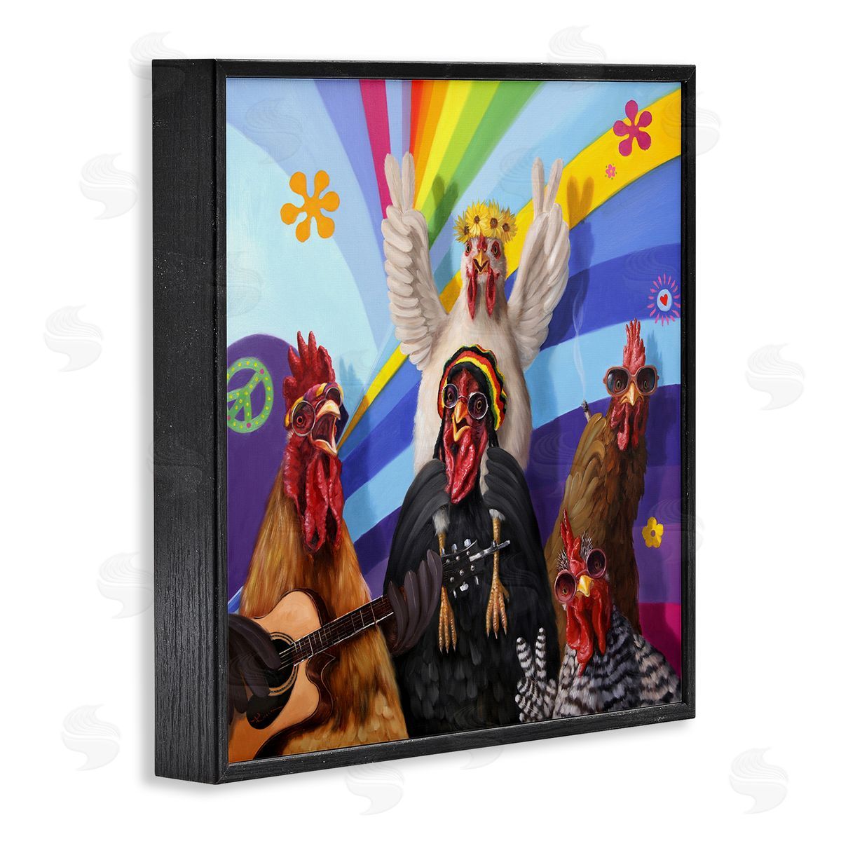 Lucia Heffernan Hippy Chicken Birds Singing Guitar Instrument Smoking Rainbows Black Framed Glicee Wall Art Print
