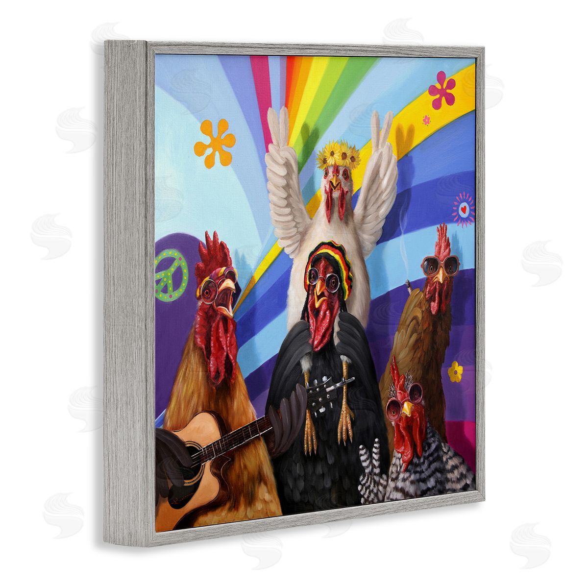 Lucia Heffernan Hippy Chicken Birds Singing Guitar Instrument Smoking Rainbows Gray Framed Glicee Wall Art Print