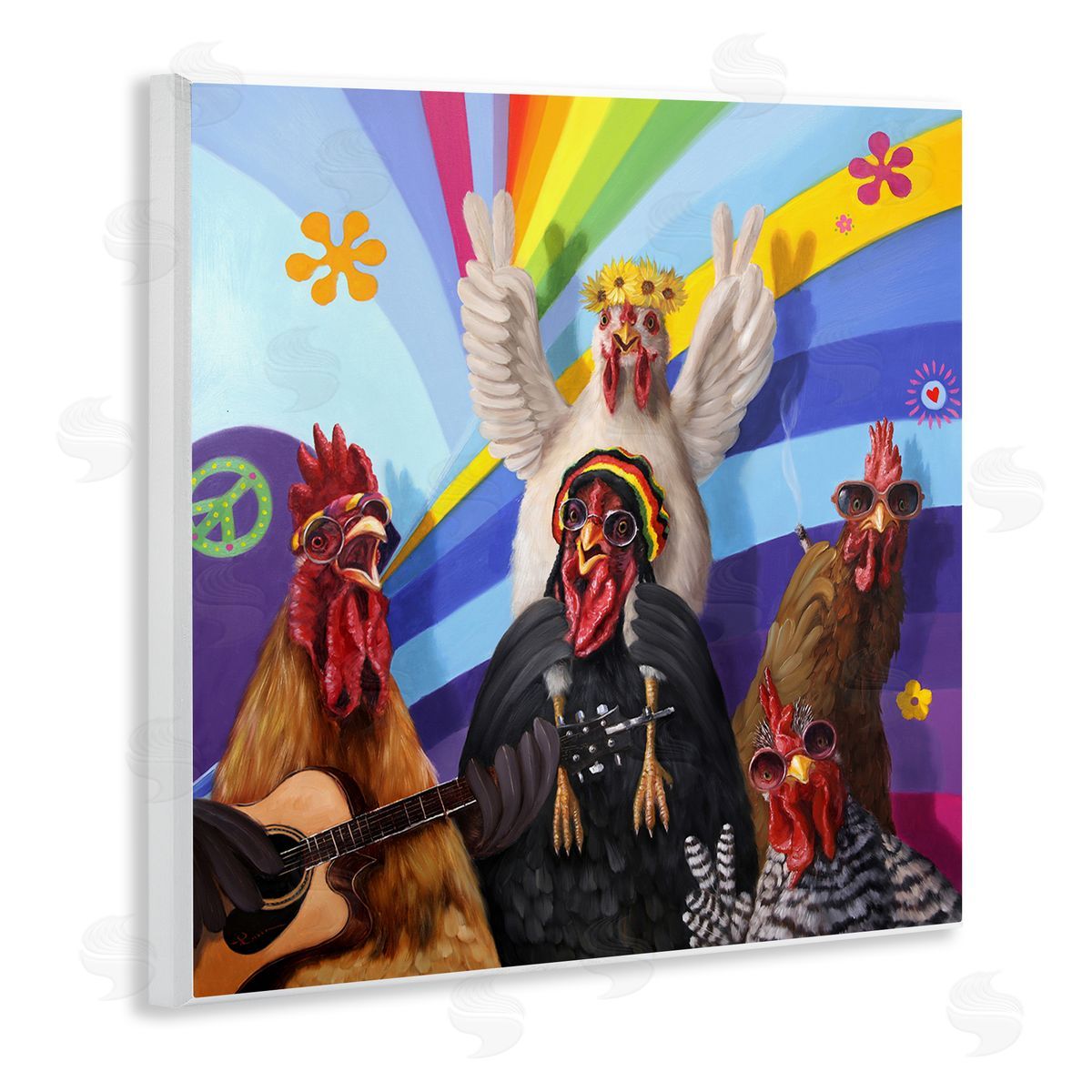 Lucia Heffernan Hippy Chicken Birds Singing Guitar Instrument Smoking Rainbows Wooden Wall Plaque Art Print