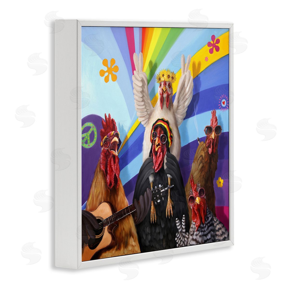 Lucia Heffernan Hippy Chicken Birds Singing Guitar Instrument Smoking Rainbows White Framed Glicee Wall Art Print
