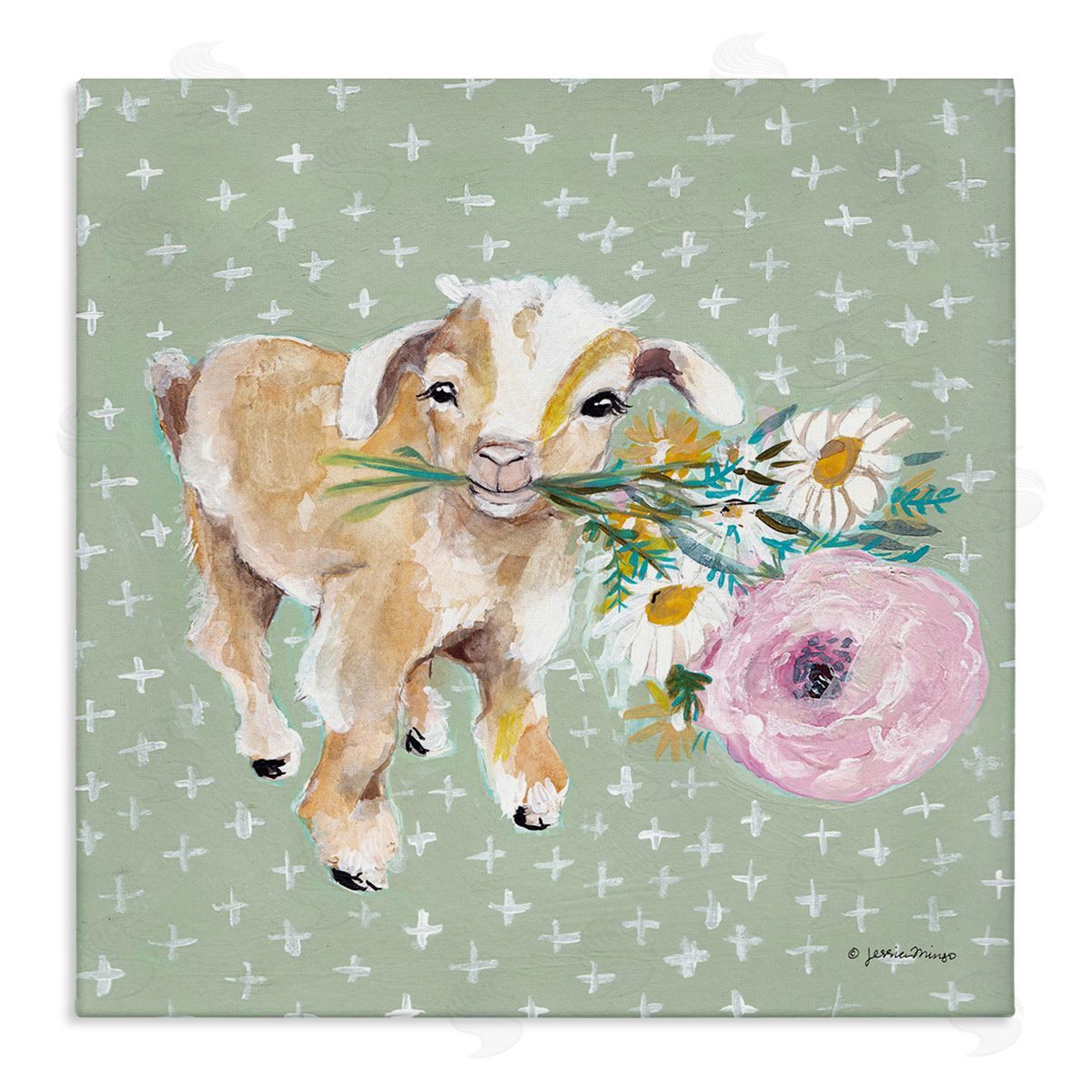 Jessica Mingo Attentive Buckling Goat Offering Flowers Studded Backdrop Stretched Canvas Wall Art Print