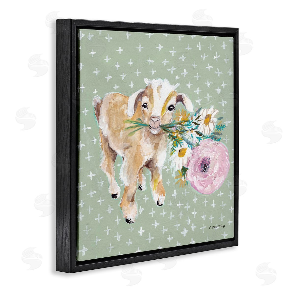 Jessica Mingo Attentive Buckling Goat Offering Flowers Studded Backdrop Black Floating Frame Canvas Wall Art Print