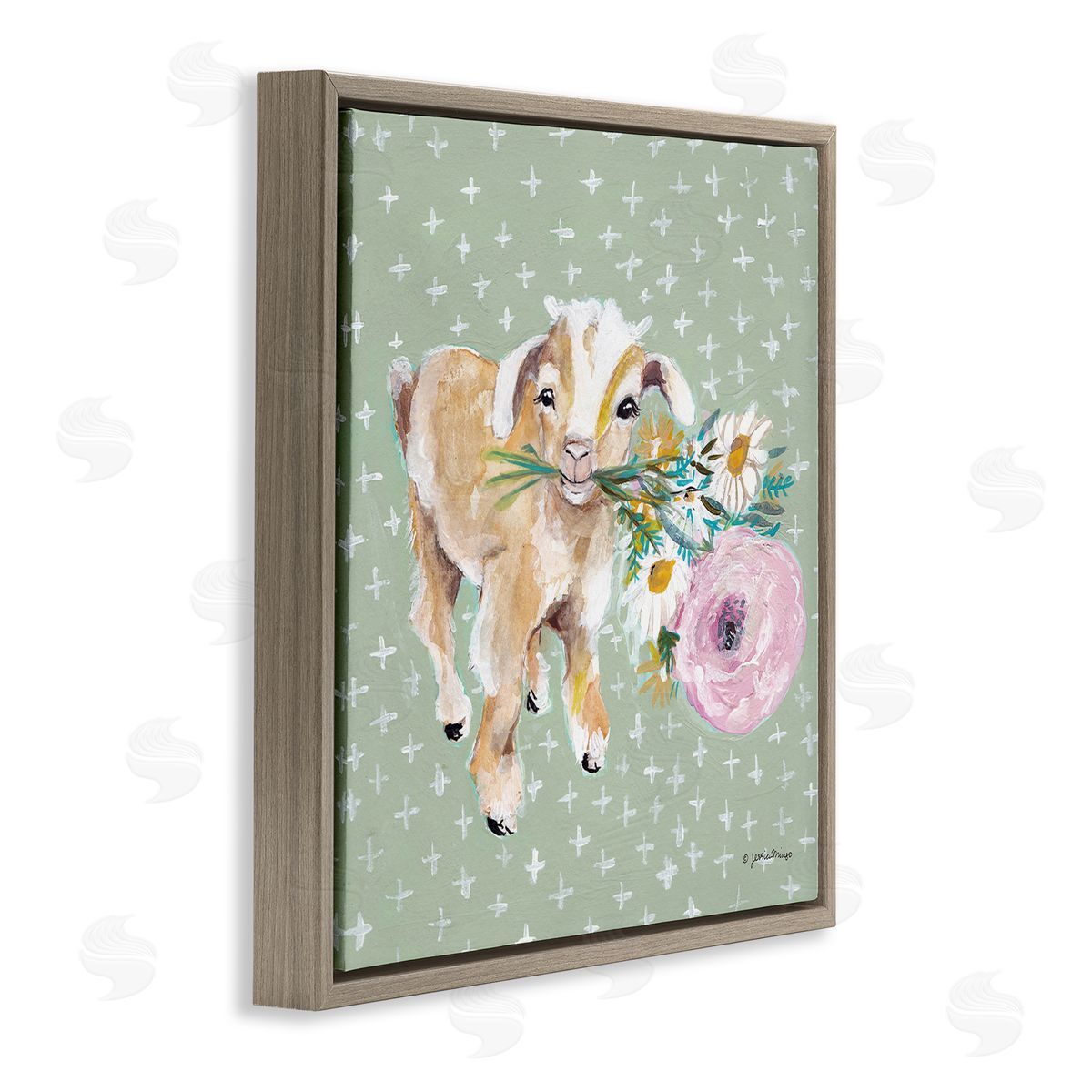 Jessica Mingo Attentive Buckling Goat Offering Flowers Studded Backdrop Brown Floating Frame Canvas Wall Art Print